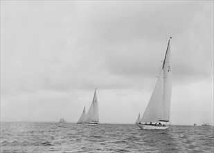 The 12 Metre sailing yacht 'Westra' racing on upwind leg, 1936. Creator: Kirk & Sons of Cowes.
