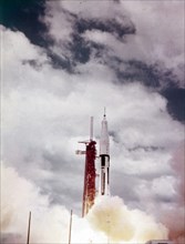 Saturn 1B lift off from Launch Complex 34, Kennedy Space Center, Florida, USA, 1960s. Creator: NASA.