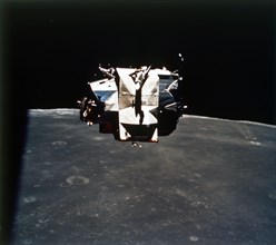 Lunar Module above the Moon, Apollo 16 mission, April 1972. Creator: Thomas Mattingly.