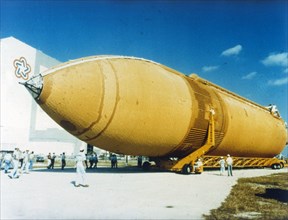 Huge external fuel tank, second Space Shuttle flight, Kennedy Space Center, USA, 1981.  Creator: NASA.
