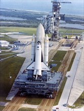 Crawler moving Space Shuttle to launch complex 39, Kennedy Space Center, USA, 1980s. Creator: NASA.