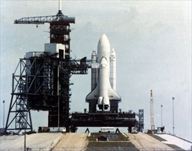 Space Shuttle Orbiter on launch pad on launch pad, Kennedy Space Center, Florida, USA, 1980s.  Creator: NASA.