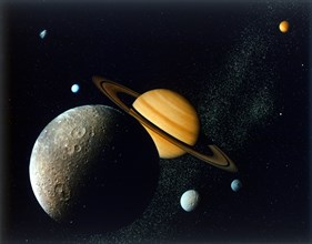 Saturnian System from Voyager 1, c1980s. Creator: NASA.