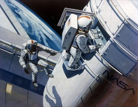 Space Shuttle - artist's concept of spacewalk, 1980s.  Creator: NASA.