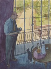 Man looking out of window, 1952. Creator: Shirley Markham.