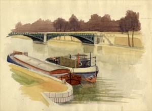Barges on the River Thames near Battersea Bridge, London, c1951.  Creator: Shirley Markham.