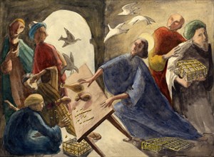 Christ throwing the merchants out of the temple, c1950. Creator: Shirley Markham.