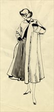 Woman in coat and full skirt, c1950. Creator: Shirley Markham.