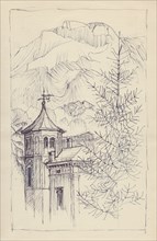 Church and mountains, Italy, c1950. Creator: Shirley Markham.