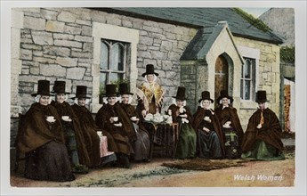 Group of ten Welsh women drinking tea outside a Chapel, c1900s.