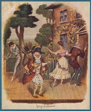 Mr Punch (or Pulcinella) and other commedia dell'arte characters, 19th century.