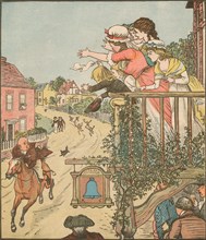 John Gilpin gallops past the Bell Inn as his wife and children wave from the balcony, 1878, (c1918).