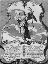 Trade card of goldsmith Ellis Gamble, 1720s, (1827).