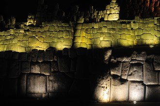 Night view of Sacsahuaman Fortress with lighting, Cusco, Peru, 2015.