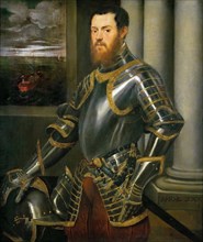 Portrait of a Man in a Gold decorated Suit of Armor, ca 1555.