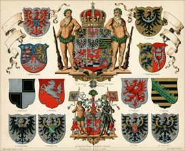 Coat of arms of the Kingdom of Prussia and provinces (Meyers Großes Konversations-Lexikon), 1883.