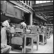 Operating jiggers in a pottery works, Stoke-on-Trent, 1965-1968