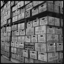 Crates of Bass beer in storage, Burton upon Trent, Staffordshire, 1965-1968