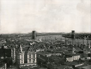 General view showing the Brooklyn Bridge, New York, USA, 1895.