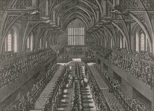 The banquet in the Great Hall at the Palace of Westminster...coronation of James II in 1685, (1902).