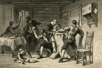 Puritans Barricading Their House Against Indians', (1877).