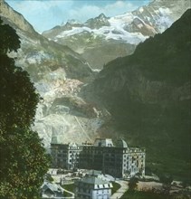 Bear Hotel, glacier and Fiescherhorn, Grindelwald, Switzerland, late 19th-early 20th century.