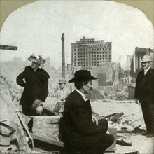 Looking east from corner Pine and Stockton, showing the ruins of the Mills Building', 1906.