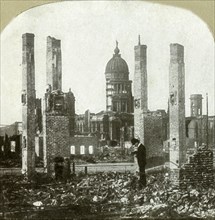 City Hall - Photographer in foreground - Tall brick chimneys left standing', .
