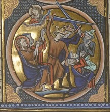 Execution of Jews. Miniature from Emblèmes bibliques, ca 1220-1230.