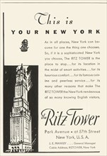 Advertisement for the Ritz Tower Hotel in New York, 1934.