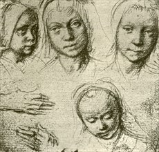 Four Heads of a Young Girl and Two Hands', c1500-1505, (1908).