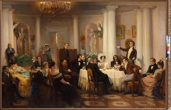Pushkin and his friends listen to Adam Mickiewicz in the salon of Princess Zinaida Volkonskaya, 1899