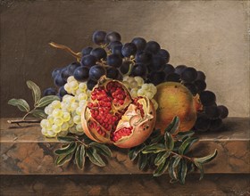 Pomegranates and green and blue grapes on a marble frame, 1833.