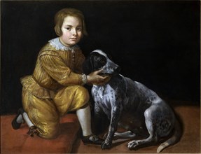 Portrait of a boy with a dog.