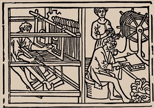 Combing, spinning and weaving of wool. From Speculum Vitae Humanae by Rodericus Zamorensis, 1479.