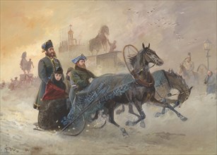 Maria Feodorovna, Empress of Russia, driving in a sleigh at St Petersburg in snow , 1889.