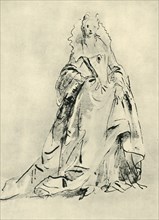 A lady wearing a gown with high collar and pointed bodice, early 18th century, (1943).