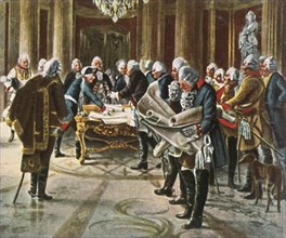 Frederick the Great holds a council of war with his generals, August 1756