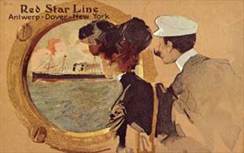 Passengers looking through the porthole on board a Red Star ocean liner, c1900