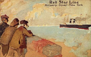 Fisherman and sailors watching a Red Star ocean liner, c1900