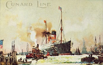 A Cunard occean liner enters the North River, New York City