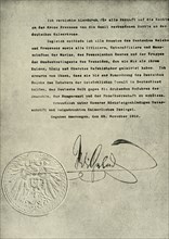 'Facsimile of the Deed of Abdication of the German Emperor, William II', 1919, (c1920). Creator: Unknown.