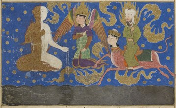 Ascent of Muhammad to Heaven. From Miraj Nameh, 1436. Creator: Anonymous.