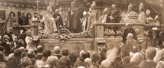 King Charles IV, taking his coronation oath ? in Budapest on 30 December 1916 , 1916. Creator: Anonymous.
