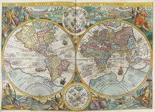 Itinerarium. World map with costumes, natives, ships, plants and animals, 1644. Creator: Linschoten, Jan Huygen van (1563-1611).