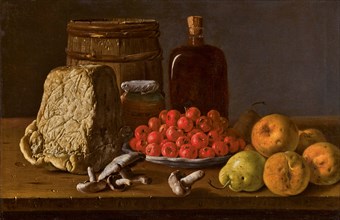 Still life with a plate of azaroles, fruit, mushrooms, cheese and receptacles. Creator: Meléndez, Luis Egidio (1716-1780).