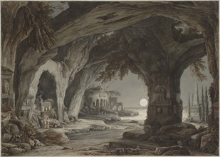 Ideal landscape with rock grotto, tombs and ruins in the moonlight, c. 1790. Creator: Kobell, Franz Innocenz Josef (1749-1822).