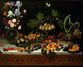 Flower and fruit on a table, ca. 1600. Creator: Maestro di Hartford (active End of 16th - Early 17th cen.).