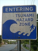 Tsunami warning road sign, British Columbia, Canada 2018. Creator: Unknown.