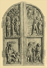 Wooden diptych with scenes from the Book of Genesis, mid 19th century, (1881).  Creator: W Wise.